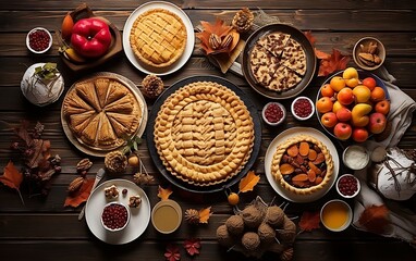 Variety of homemade autumn pastries on a wooden background. Top view.