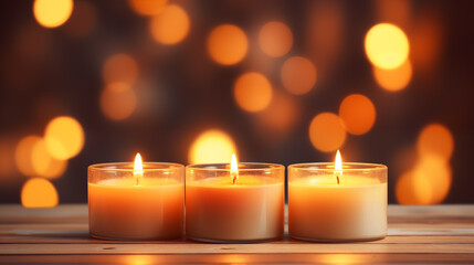 Burning candles on cozy wooden table
