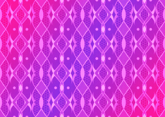 Hand-drawn abstract seamless ornament. Neon gradient (plastic pink to proton purple) background and glowing pattern on it. Cloth texture. Digital artwork, A4. (pattern: p12c)