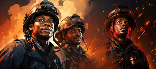 Portrait of a crew of three firefighters against a background of fire. Three friends of firefighters-rescuers in full gear close-up during the fire. The profession of a firefighter is dangerous and