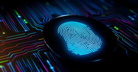 Digital fingerprint scanner, enhancing security, biometric identity, data protection, Scan verification, security digital computer, safety identity - obrazy, fototapety, plakaty