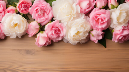 Lush Pink and White Flowers Arranged on Wooden Surface