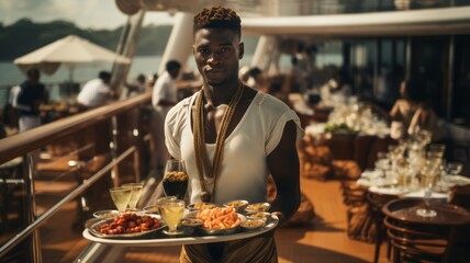 Portrait of an African-American man holding a tray with luxurious dishes intended for passengers traveling on a luxury liner during the summer holidays. A waiter stands with a tray in his hands on the - obrazy, fototapety, plakaty