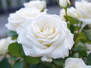 Beautiful white rose in the garden at sunset. Nature background.