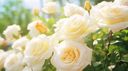 Beautiful white roses in the garden on a sunny summer day.