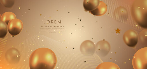 Elegant gold balloon and ribbon gold lines shining. Celebration party happy concept.