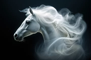 Poster Abstract of white horse head have smoke and fog on black background. Mammals, Wildlife Animals, Illustration, Generative AI. © yod67