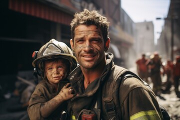 Fototapeta premium A dirty firefighter rescued a child from a burning building. A male rescuer with a rescued child in a fire helmet on the background of the ruins of a burnt-out building. Saves a child's life.