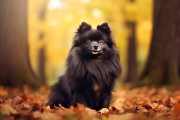 Black pomeranian dog sitting in autumn park with yellow leaves.
