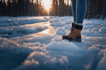 young adult woman with simple winter shoes and jeans, walks or hikes outside on frozen snow