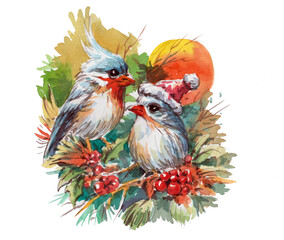 Christmas decoration with birds watercolors for card decoration illustration