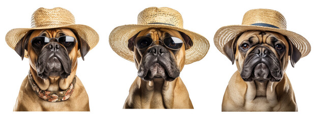 Bullmastiff dog wearing glasses and straw hat for summer, summer travel concept isolated on white background