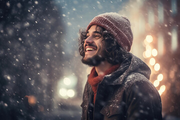 Festive Joy: Man Delights in Snowy Christmas Glow