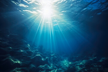 Fototapeta na wymiar Mesmerizing Undersea Beauty: Sunlit Blue Waters Below
