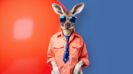 A stylish Kangaroo in a pastel pink shirt, tie and sunglasses with the Australian flag stands on a minimalist blue and red background. Australia day creative concept. Horizontal banner. Copy space
