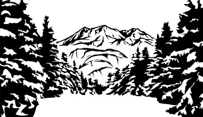 Monochrome mountain landscape illustration drawing in woodcut style with snowy winter forest