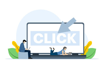 Internet concept. Click the button here on the laptop screen. Cursor pointer sign. Little people with big mouse arrow clicks. Modern flat cartoon style. Vector illustration on white background.