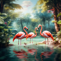 A group of flamingos resting in the shade by a tropical lagoon