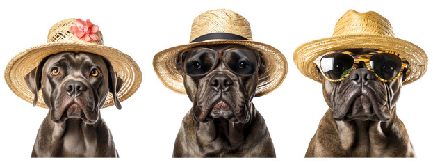 Cane Corso dog wearing glasses and straw hat for summer, summer travel concept isolated on white background - obrazy, fototapety, plakaty