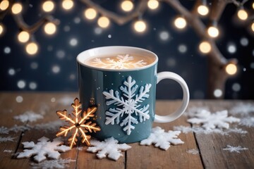 mug with toy snowflake wood table near bank snow fairy lights