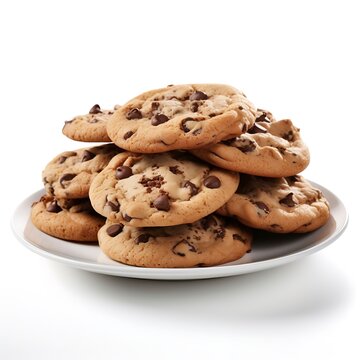 Chocolate chip cookies on a white plate isolated on white background.