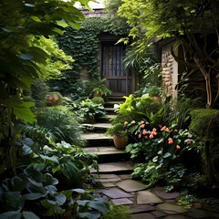 Fototapeta na wymiar A hidden garden with a stone path leading to a secret garden