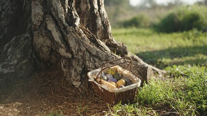A basket with Easter eggs in a sunny forest, next to a large tree.