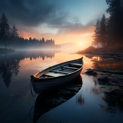 A lone rowboat on a serene river at twilight