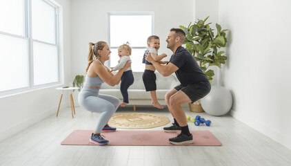 Portrait of happy healthy fit young family with little children standing together