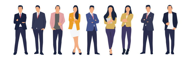 set of business people standing in a row, business people collection. Flat design illustration