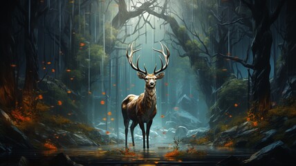 A colorful digital painting of a deer in the forest AI Photo