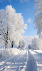 Winter rural landscape with road and trees covered with hoarfrost.