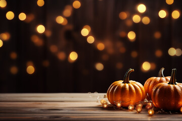Naklejka na ściany i meble Halloween background with pumpkins on wooden table and bokeh lights