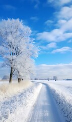 Winter landscape with trees in hoarfrost, road and blue sky