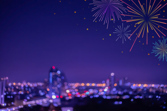 showing group of exploding fireworks bright light vibrant colorful and falling fire glitter on night sky background for happy new year festival concept