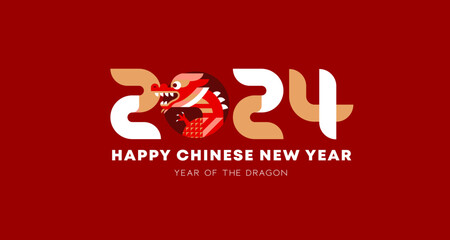 Fototapeta na wymiar Chinese New Year 2024 Logo, Year of the dragon. Chinese zodiac dragon in geometric flat modern style.