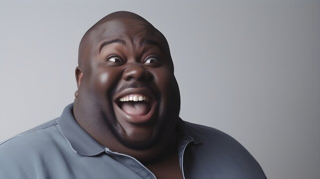 Portrait of a laughing fat black male against white background, background image, generative AI