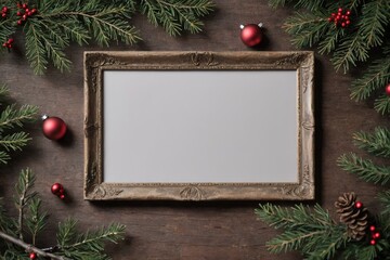 Fototapeta na wymiar photo frame near christmas twigs