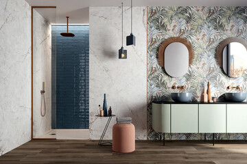 Stunning bathroom features a colored marble and wall, a little table for toiletries next to the basin, a circular mirror, plant for fresh air close to the window, and other accessories.3D Rendering