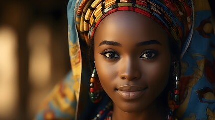 Portrait of a young african female wearing african traditional clothes with space for text, background image, generative AI