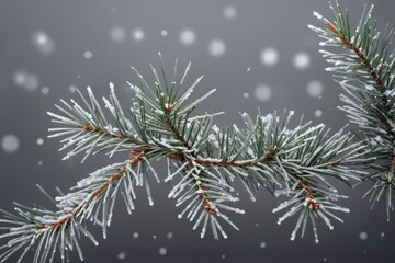 pine needles grey background with snowflakes