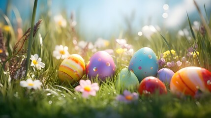 Fototapeta na wymiar A scene that conveys the excitement of an Easter egg hunt. Showcase a variety of eggs hidden among grass flowers or other natural elements, background image, generative AI