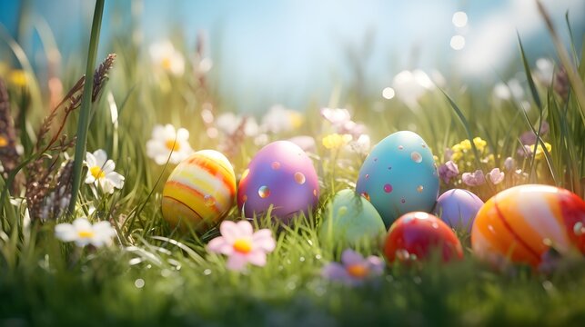 A scene that conveys the excitement of an Easter egg hunt. Showcase a variety of eggs hidden among grass flowers or other natural elements, background image, generative AI