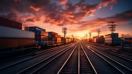 Fototapeta na wymiar Railway and freight train at sunset, transportation and logistics concept.