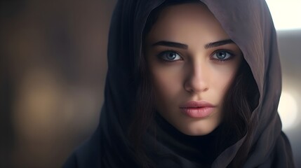 Naklejka premium Portrait of a young arabic female wearing hijab with space for text, background image, generative AI