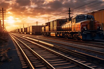 Fototapeta na wymiar Freight train at sunset. Freight transportation. 3D rendering