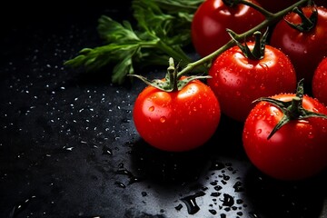 Cherry tomatoes on a black background with fresh basil and water drops - Powered by Adobe