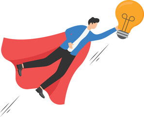 Big idea to boost business success, super power or creativity to win business competition, innovation or imagination concept, genius businessman superhero flying while carrying big light bulb idea.   © WS DESIGN