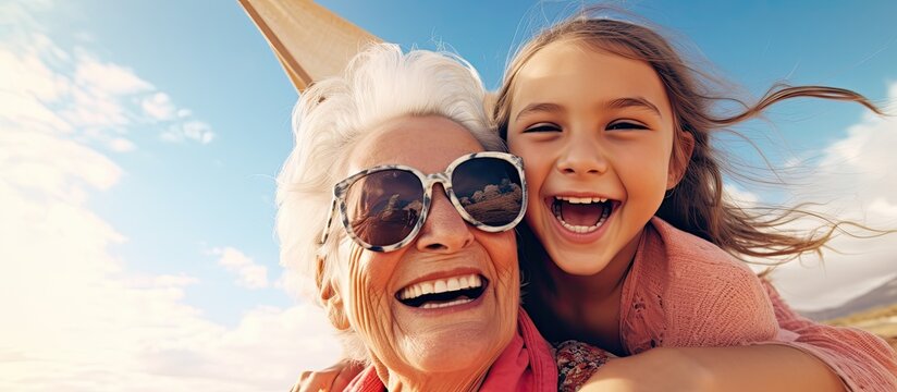 Happy girl and grandmother bonding while taking a selfie on vacation.