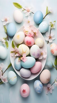 Image that showcases a collection of Easter eggs in a variety of soft and pastel hues, background image, generative AI